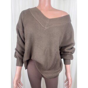 Zenana Plus Size V-Neck Off The Shoulder Waffle Knit Sweater Brown Sz 1X
